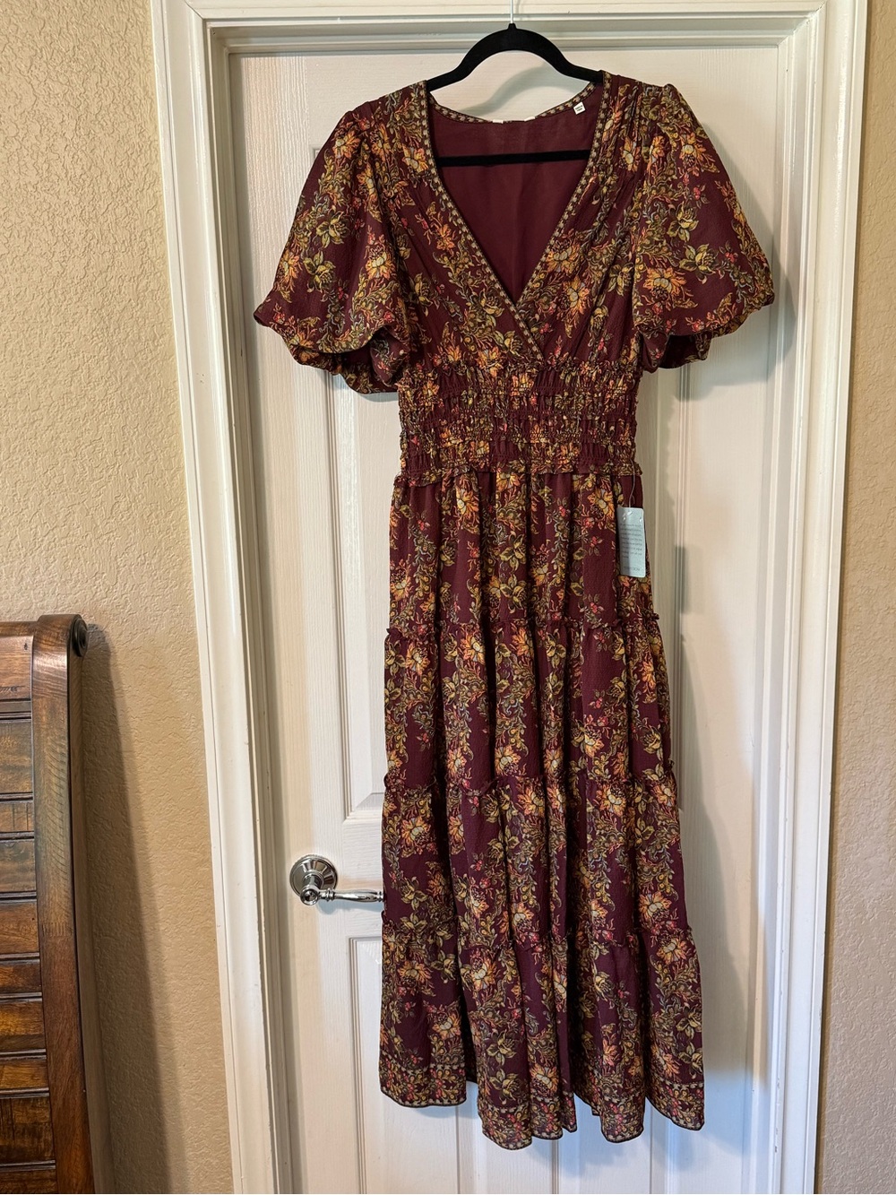 Max Studio Burgundy Floral V-Neck Maxi Dress